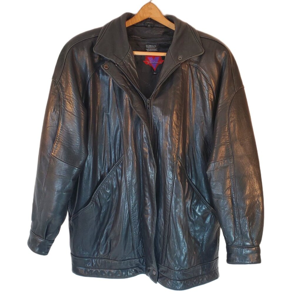 Verducci Women's Large Black Leather Jacket Thermolite Zip Coat Removable Liner
